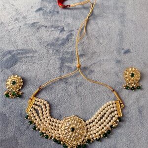 Ethnic Indian Wear Gold-Tone Pearl Necklace Set with Green Accents